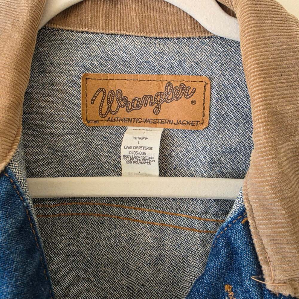 Wrangler Men's Large Unlined Denim Jacket Corduroy Collar Western 74148PW Vtg